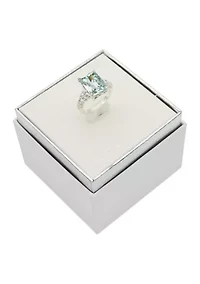 Silver Tone Large Aquamarine Ascher Cut Cocktail Ring