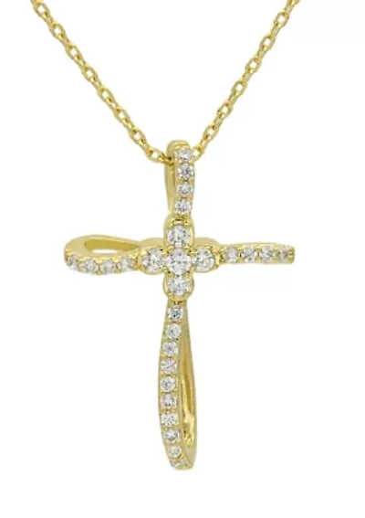 Gold Tone CZ Pave Cross Pendant Necklace