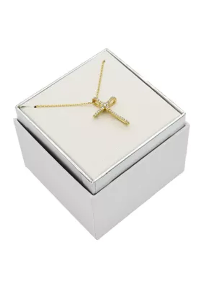 Gold Tone CZ Pave Cross Pendant Necklace