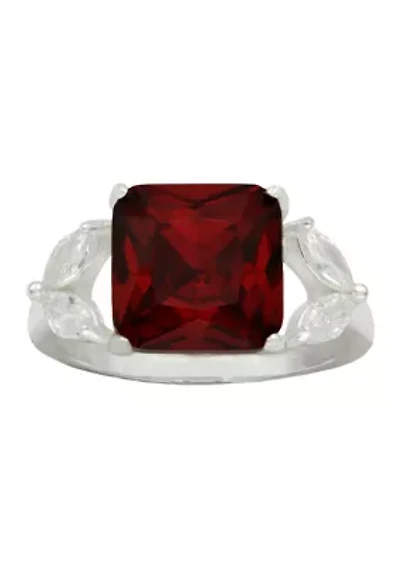 Lab Created Silver Tone Siam Emerald Cut Marquise Side Stone Cocktail Ring