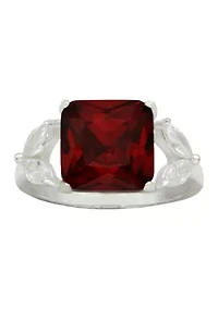 Lab Created Silver Tone Siam Emerald Cut Marquise Side Stone Cocktail Ring