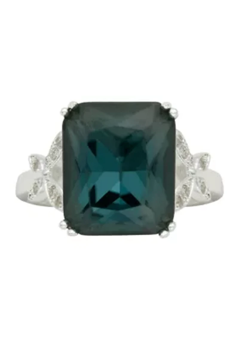 Lab Created Silver Tone Denim Blue Emerald Cut Floral Side Band Cocktail Ring