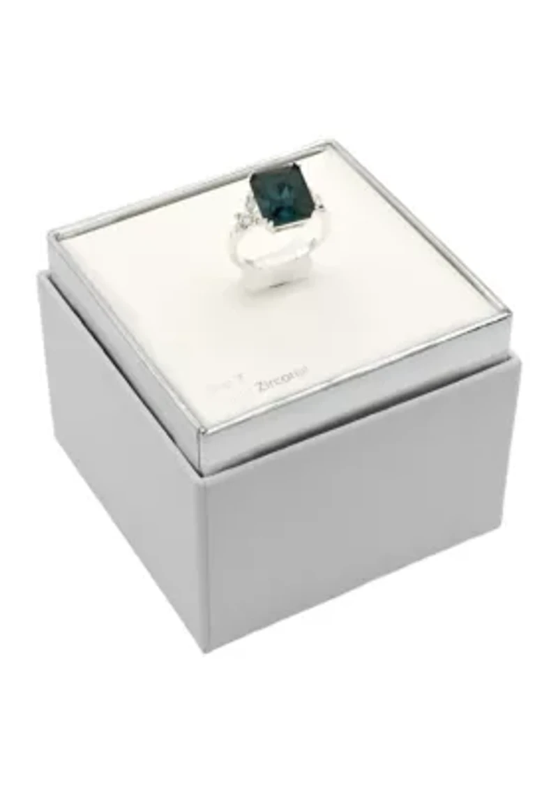 Lab Created Silver Tone Denim Blue Emerald Cut Floral Side Band Cocktail Ring