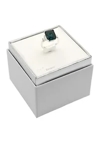 Lab Created Silver Tone Denim Blue Emerald Cut Floral Side Band Cocktail Ring