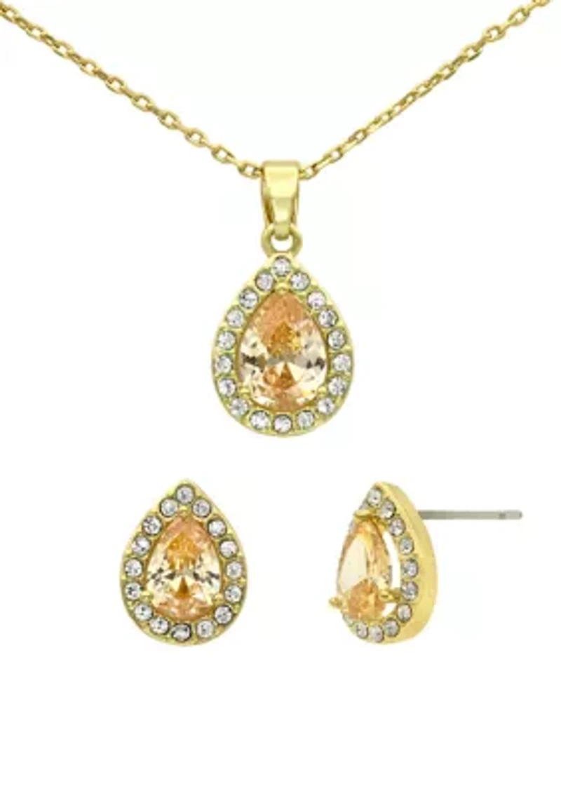 Gold Tone Champagne Pear Stone Cubic Zirconia Necklace and Earrings Set