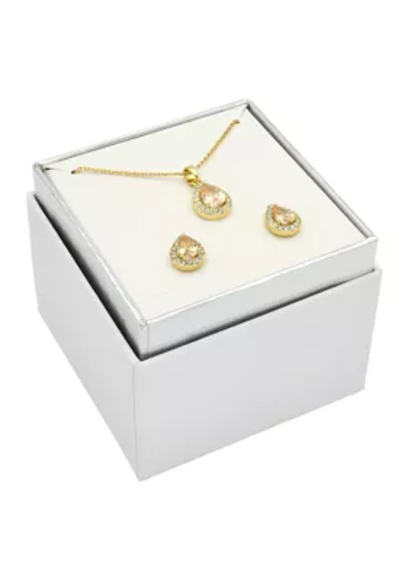 Gold Tone Champagne Pear Stone Cubic Zirconia Necklace and Earrings Set