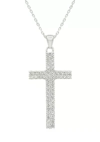 Lab Created Silver Tone Cubic Zirconia Pavé Cross Pendant Necklace