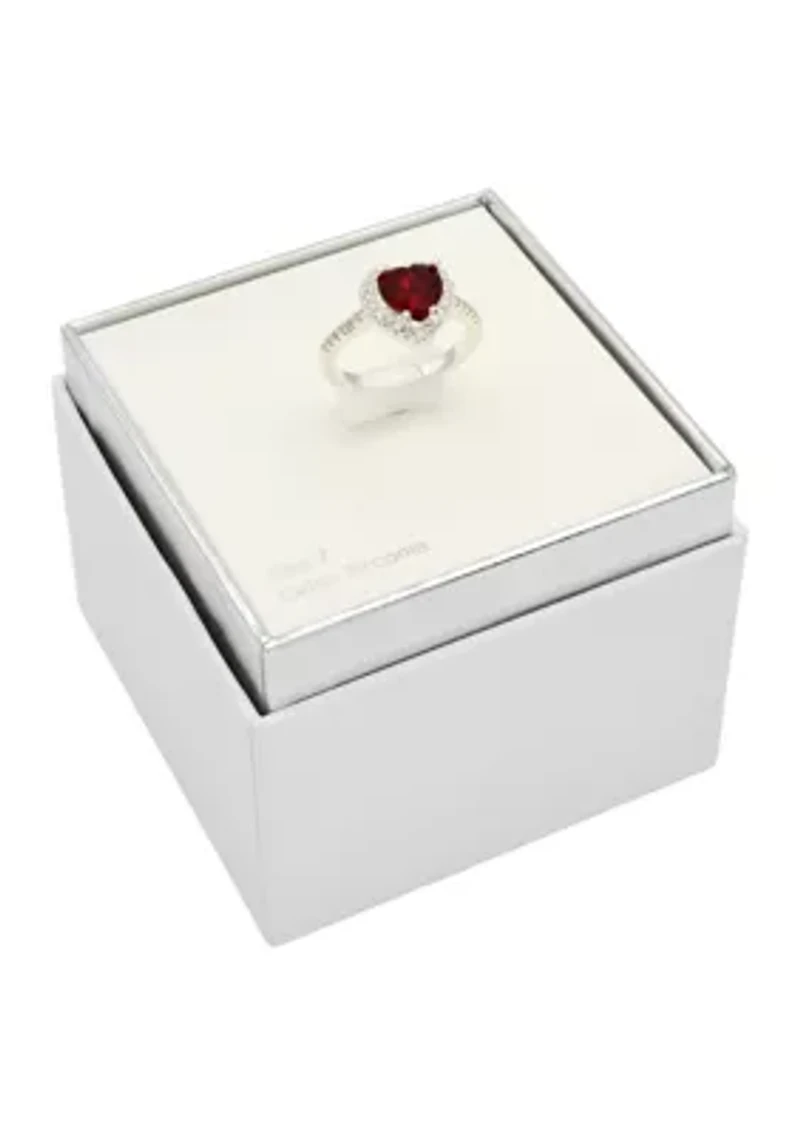 Silver Tone Siam Heart Halo Pavé Band Ring