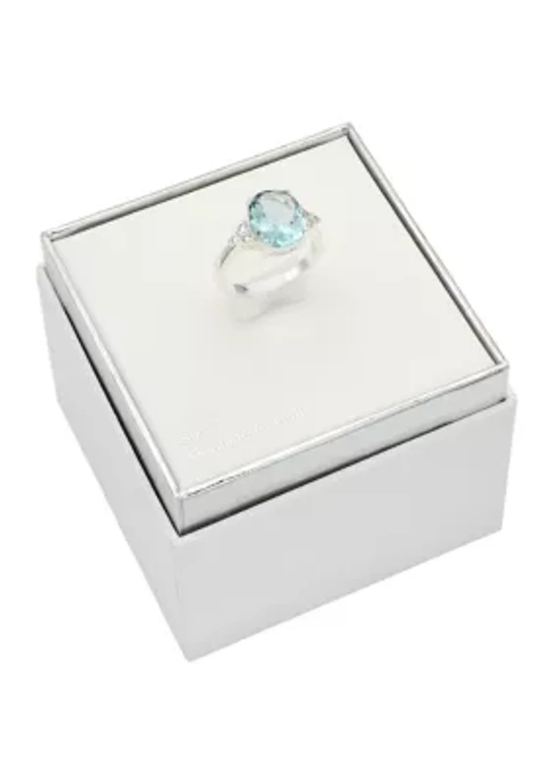 Silver Tone Round Aqua Crystal and Cubic Zirconia Ring