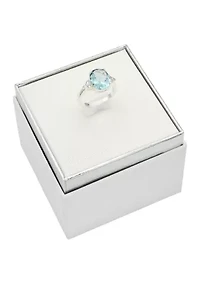 Silver Tone Round Aqua Crystal and Cubic Zirconia Ring