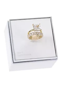Gold Tone Princess Cut Cubic Zirconia Ring and Oval Band Set
