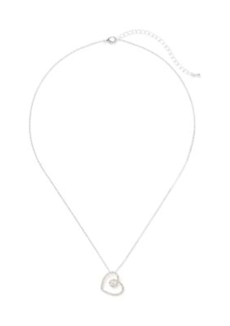 Silver Tone Cubic Zirconia Open Swirl Heart Pendant Necklace