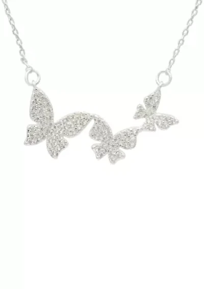 Lab Grown Silver Tone Pave CZ Triple Butterfly Pendant Necklace