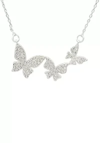 Lab Grown Silver Tone Pave CZ Triple Butterfly Pendant Necklace
