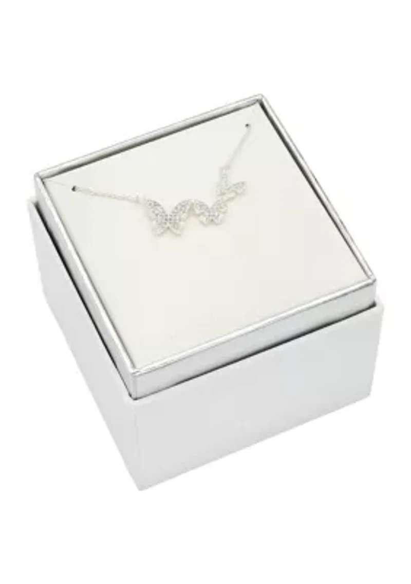 Lab Grown Silver Tone Pave CZ Triple Butterfly Pendant Necklace