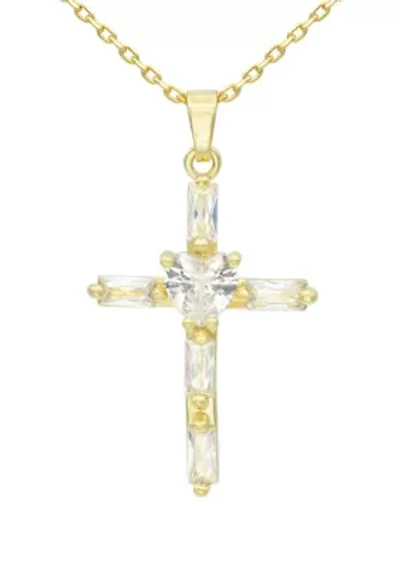 Lab Grown Gold Tone Emerald Cut Cubic Zirconia Cross Pendant Necklace
