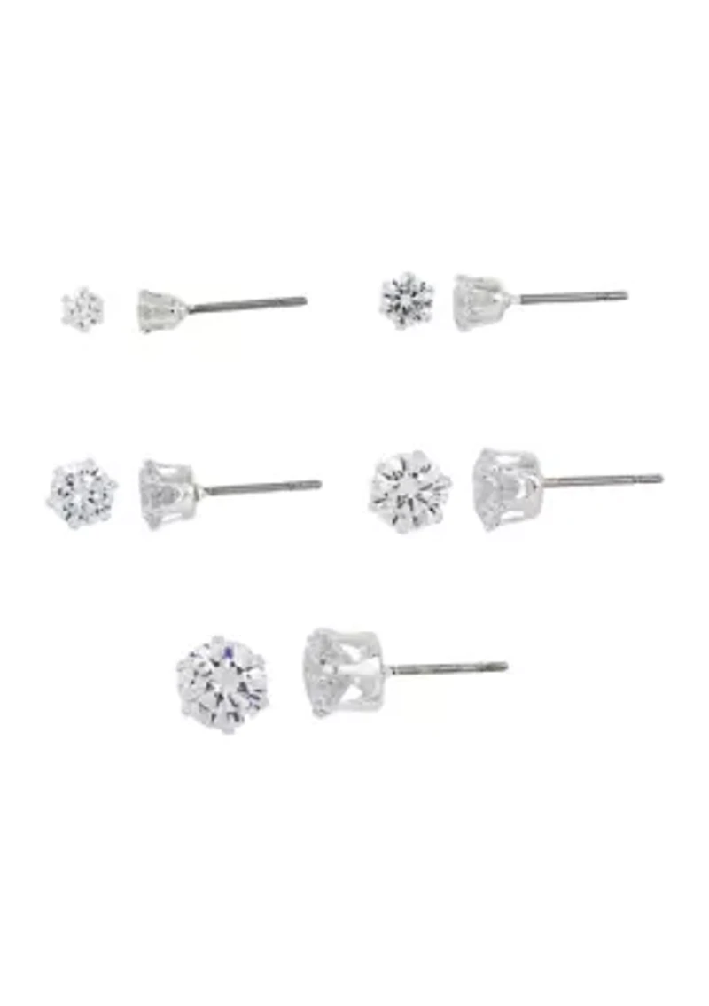 Lab Created Silver Tone CZ 5 Pack Stud Earring Set