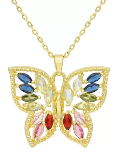 Lab Created Gold Tone Multi CZ & Crystal Marquise Stone Butterfly Pendant Necklace