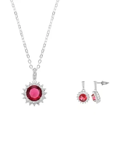 Lab Grown Silver Tone Fuschia Round Stone with Cubic Zirconia Halo Necklace and Earring Set