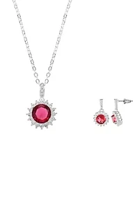 Lab Grown Silver Tone Fuschia Round Stone with Cubic Zirconia Halo Necklace and Earring Set