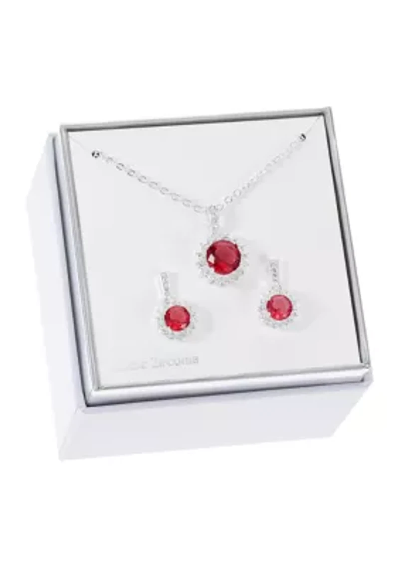 Lab Grown Silver Tone Fuschia Round Stone with Cubic Zirconia Halo Necklace and Earring Set