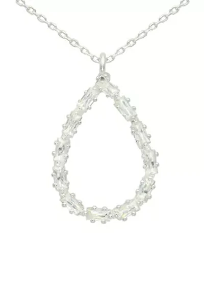Lab Grown Silver Tone Open Pear Pendant Necklace