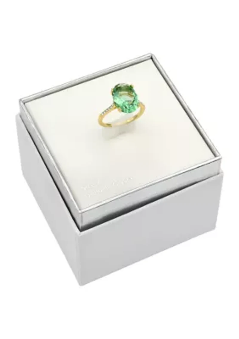 Lab Grown Gold Tone Green Crystal Oval Ring with Pavé Band