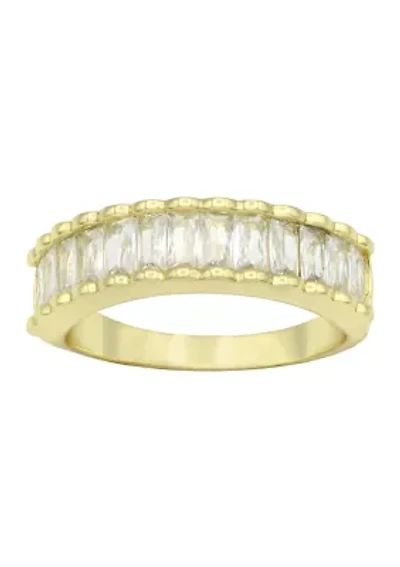 Lab Grown Gold Tone Emerald Cut Stone Textured Eternity Band Ring