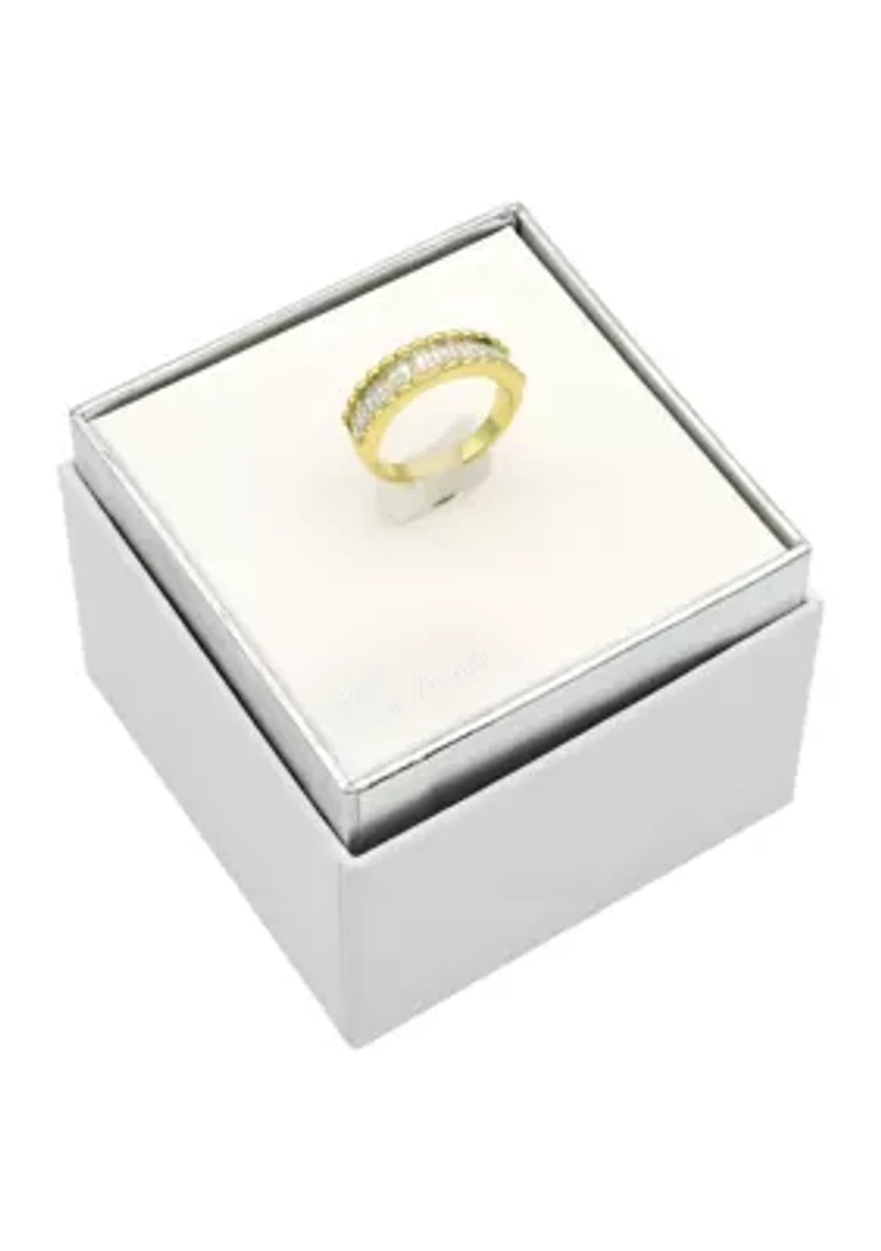 Lab Grown Gold Tone Emerald Cut Stone Textured Eternity Band Ring