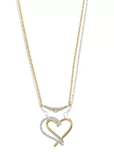 Lab Created Two Tone CZ Pendant Heart Duo Necklace