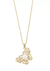 Lab Grown Gold Tone Butterfly Pendant with Pearl and Cubic Zirconia Necklace