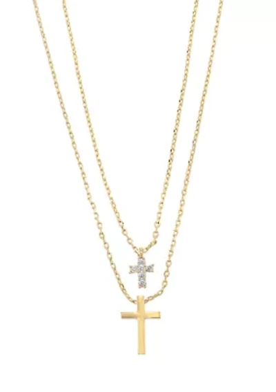 Gold Tone Cubic Zirconia and Cross Pendant Duo Necklace Set 