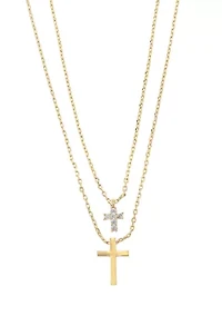 Gold Tone Cubic Zirconia and Cross Pendant Duo Necklace Set 