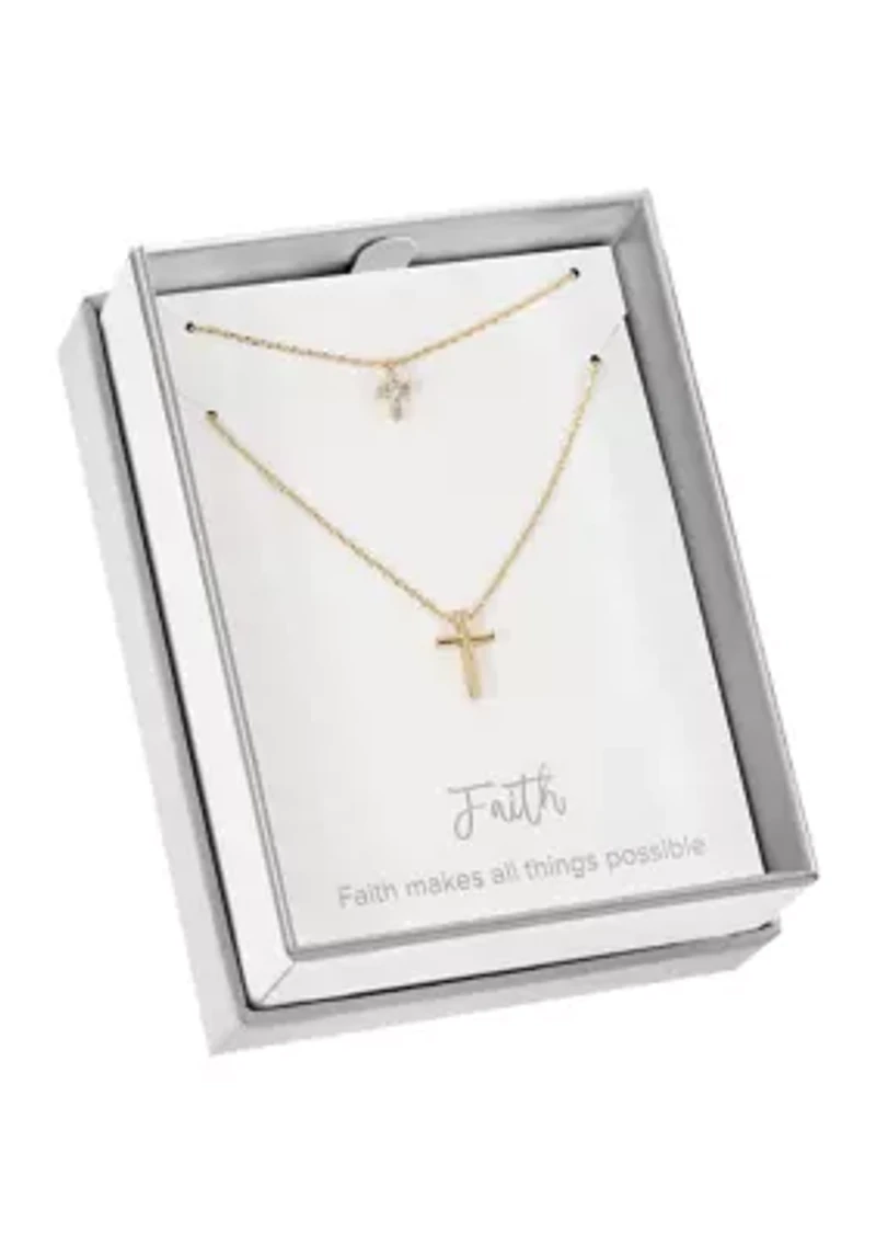 Gold Tone Cubic Zirconia and Cross Pendant Duo Necklace Set 