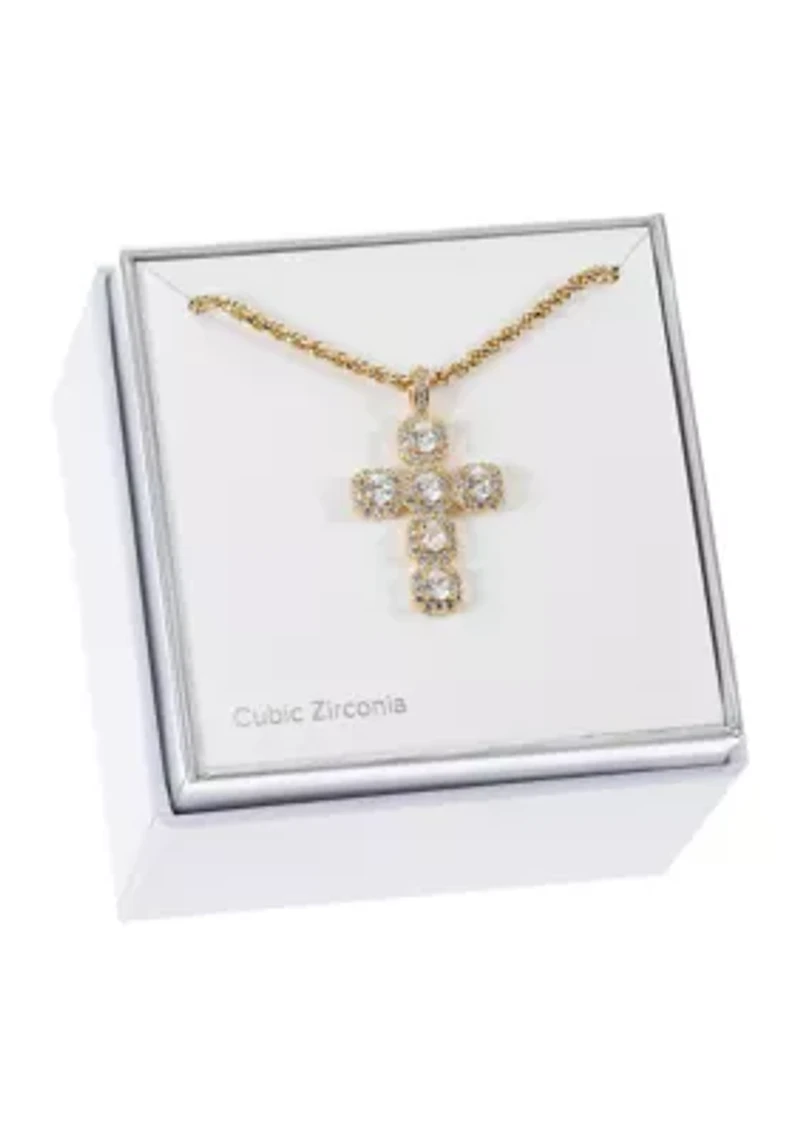 Lab Created Gold Tone Cross Pendant with Round CZ stones Necklace