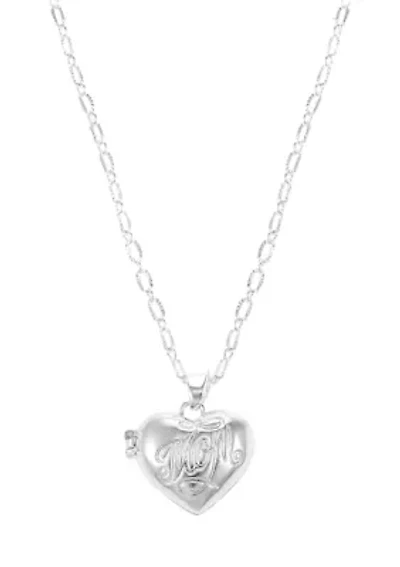 Silver Tone Locket Pendant with Engraved Mom Necklace
