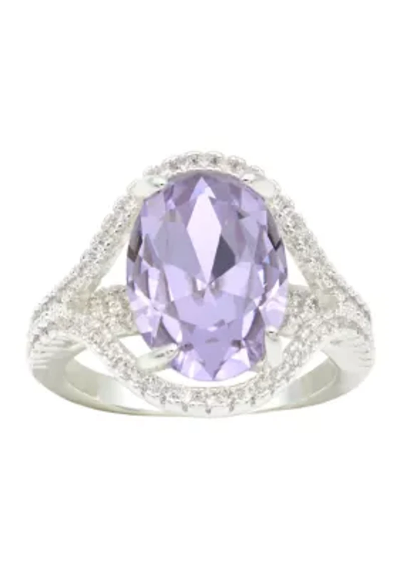 Lab Grown Silver Tone Oval Light Amethyst Crystal with Pavé Cubic Zirconia Ring