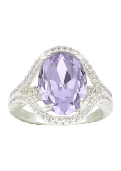 Lab Grown Silver Tone Oval Light Amethyst Crystal with Pavé Cubic Zirconia Ring