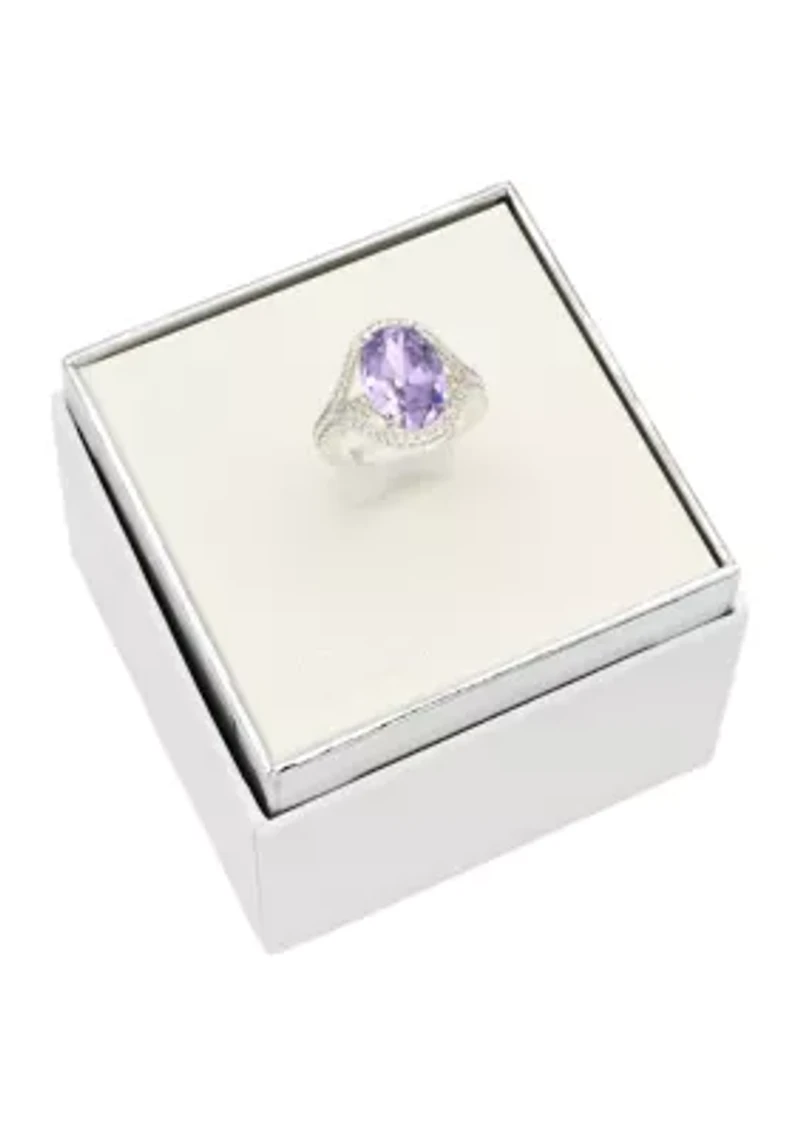 Lab Grown Silver Tone Oval Light Amethyst Crystal with Pavé Cubic Zirconia Ring
