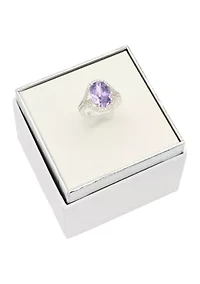 Lab Grown Silver Tone Oval Light Amethyst Crystal with Pavé Cubic Zirconia Ring