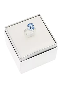 Lab Grown Silver Tone Cushion Cut Sapphire Crystal with Pavé Cubic Zirconia Band Ring