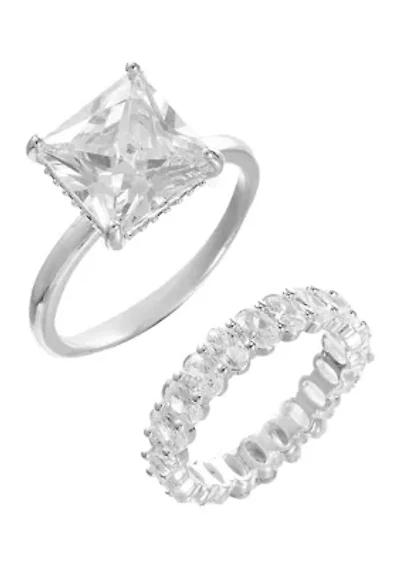 Silver Tone Square Cubic Zirconia Solitaire and Infinity Band Engagement Ring Set