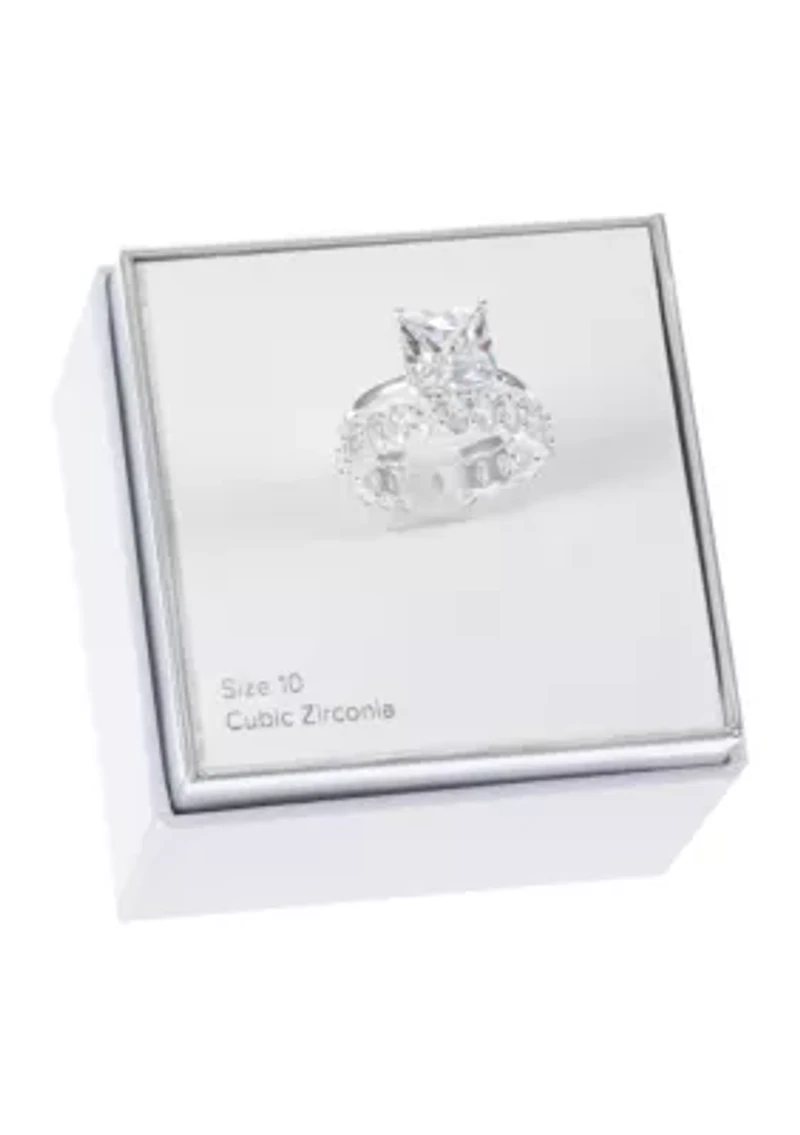 Silver Tone Square Cubic Zirconia Solitaire and Infinity Band Engagement Ring Set