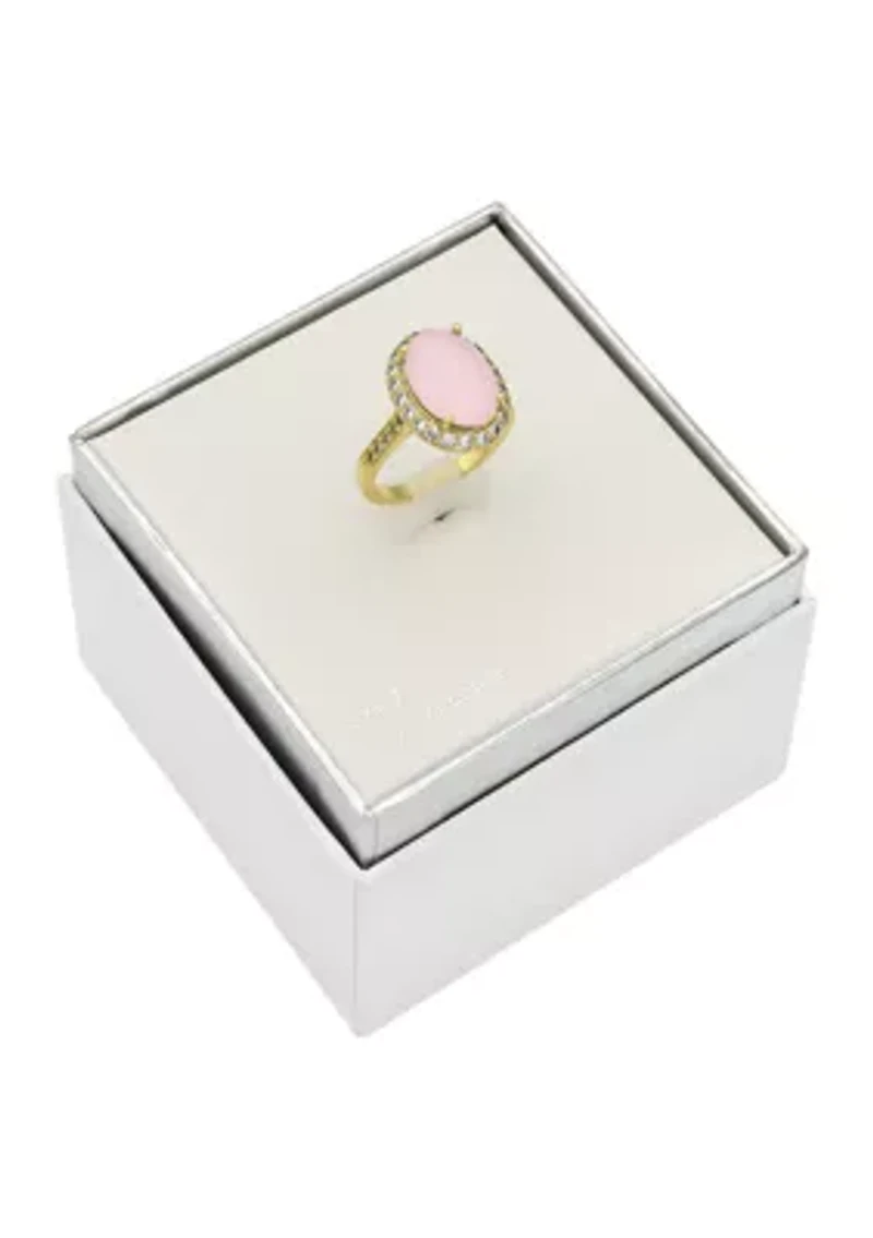 Lab Grown Gold Tone Oval Rose Crystal Pavé Cubic Zirconia Halo Ring