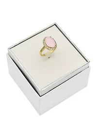 Lab Grown Gold Tone Oval Rose Crystal Pavé Cubic Zirconia Halo Ring