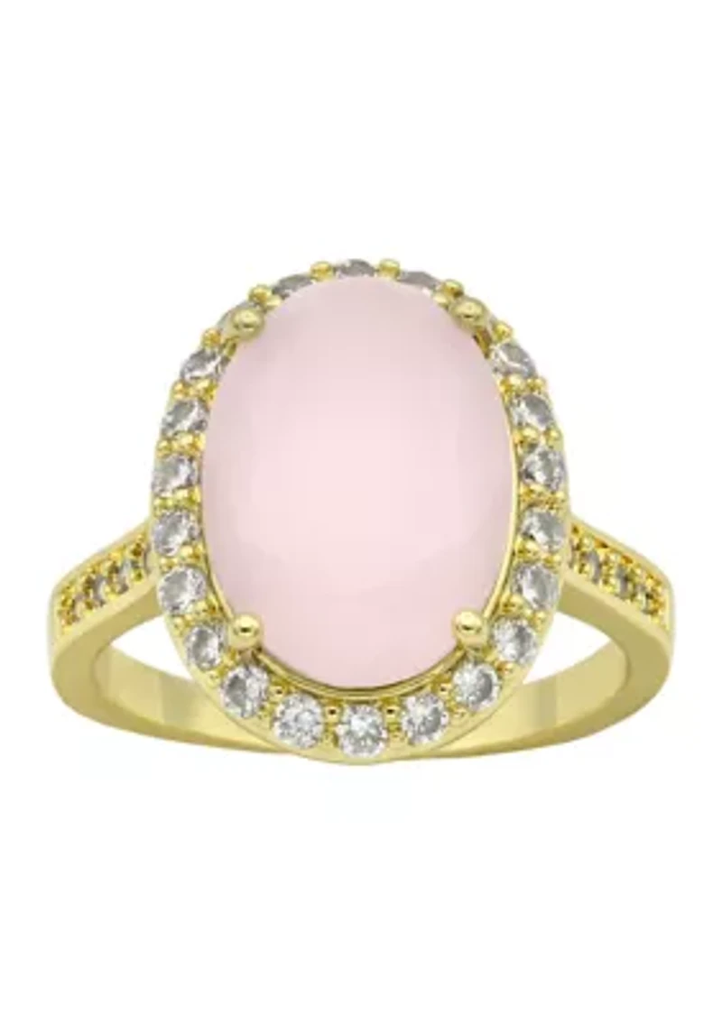 Lab Grown Gold Tone Oval Rose Crystal Pavé Cubic Zirconia Halo Ring
