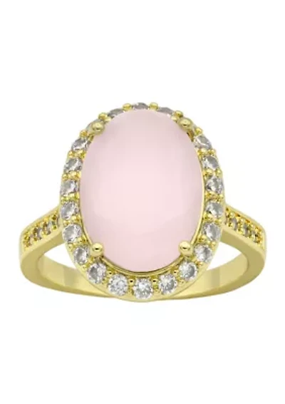 Lab Grown Gold Tone Oval Rose Crystal Pavé Cubic Zirconia Halo Ring