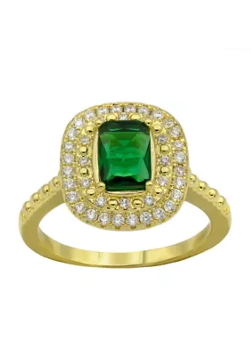 Lab Grown Gold Tone Emerald Crystal with Pavé Cubic Zirconia Double Halo Ring