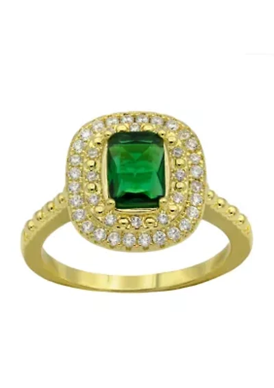 Lab Grown Gold Tone Emerald Crystal with Pavé Cubic Zirconia Double Halo Ring