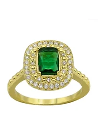 Lab Grown Gold Tone Emerald Crystal with Pavé Cubic Zirconia Double Halo Ring